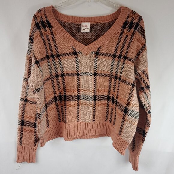 Belle Du Jour Pink Brown Plaid Knit Womens Crop Top Long Slv Sweater V Neck XL - Picture 1 of 10